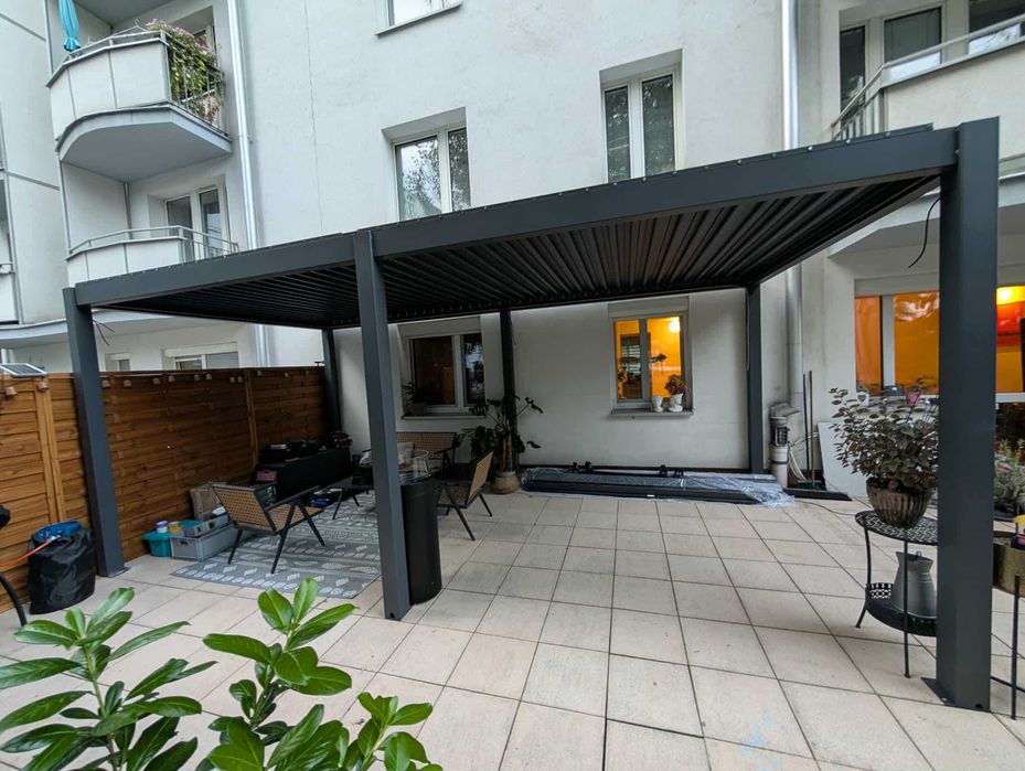 Pergola tarasowa bioklimatyczna 6×3 m, elektryczne lamele, 4 rolety