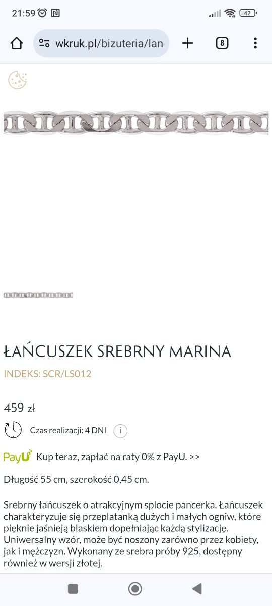 Łancuszek srebrny pancerka, W. Kruk 55 cm, p. 925