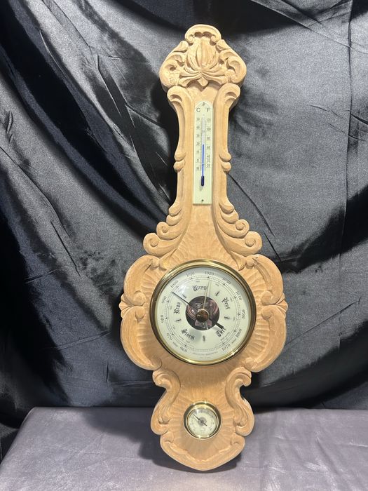 Barometr, higrometr, termometr – Rzeźbiona drewniana oprawa HMH 1994