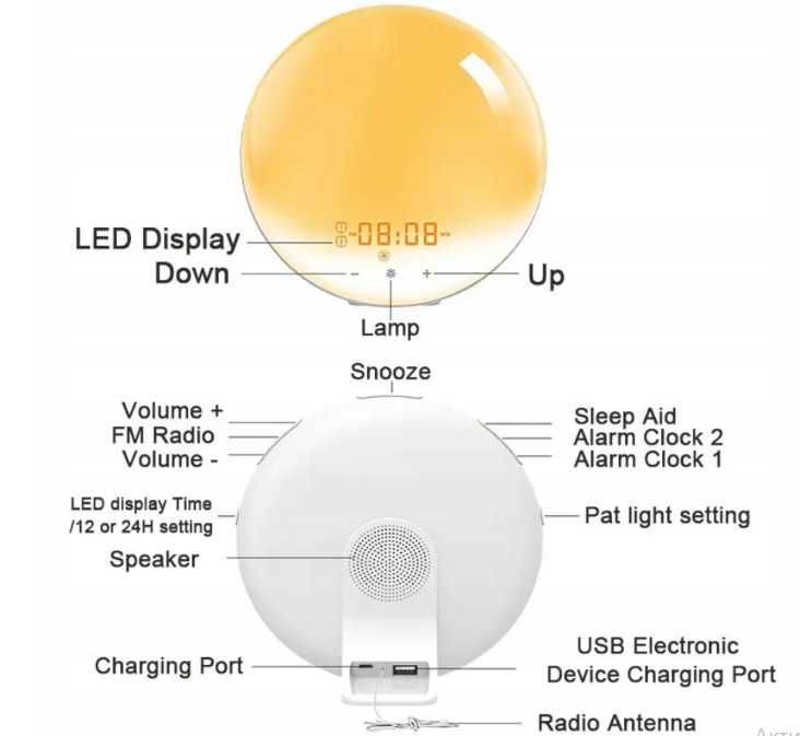 Cyfrowy Budzik Symulacją Wschodu i Zachodu Słońca, Alarmy ttst1306