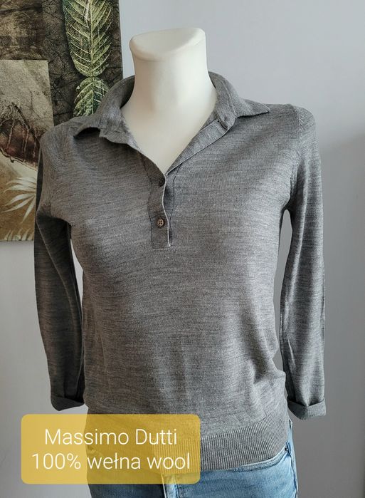 Oryginalny Massimo Dutti cienki szary damski sweterek 100% wełna merin