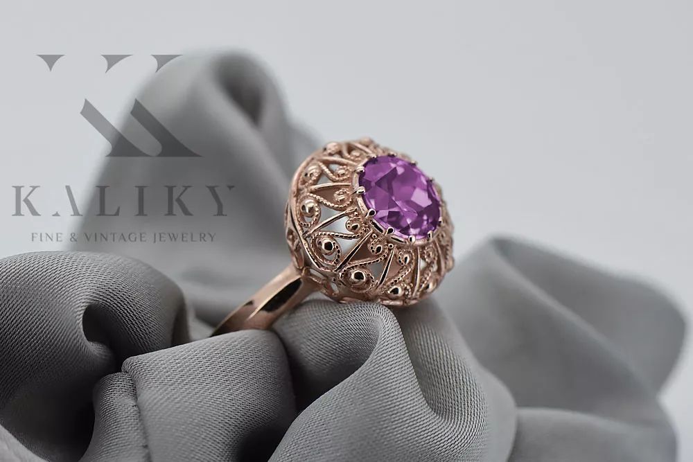 Radziecki 14K złoty pierścionek z różowego złota Amethystem vrc059 Gd