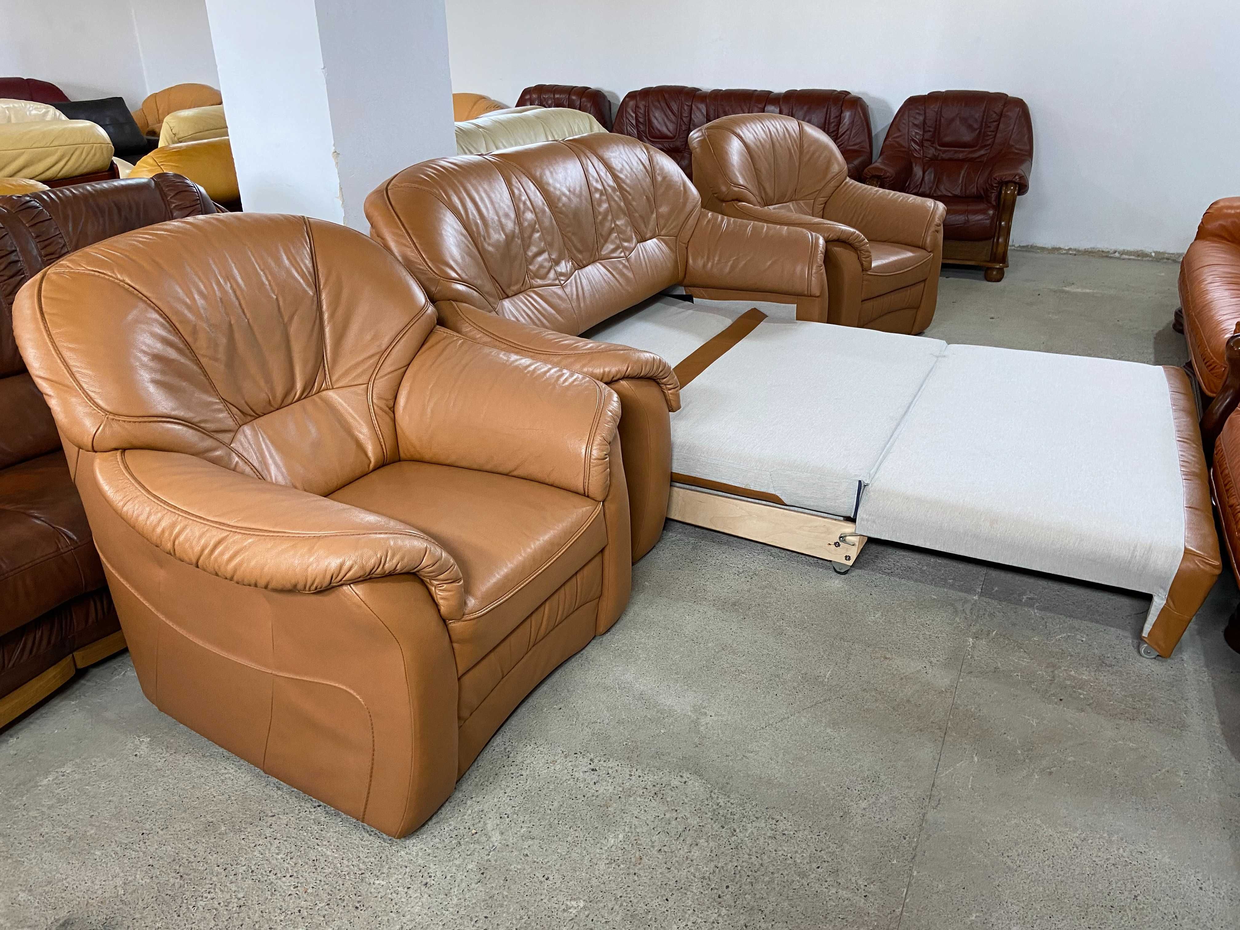 Шкіряний розкладний диван+2крісла з натуральноі шкіри