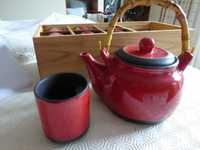 Bule e copos/chávenas chineses vermelho Gato Preto sem uso