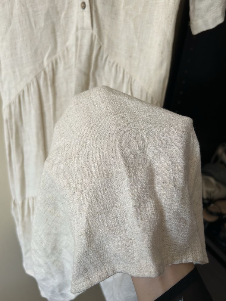 Vestido manga curta midi camiseiro linho stradivarius