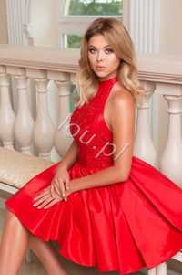 LOU Nowa sukienka XS czerwona, rozkloszowana, ozdobna góra, bez pleców