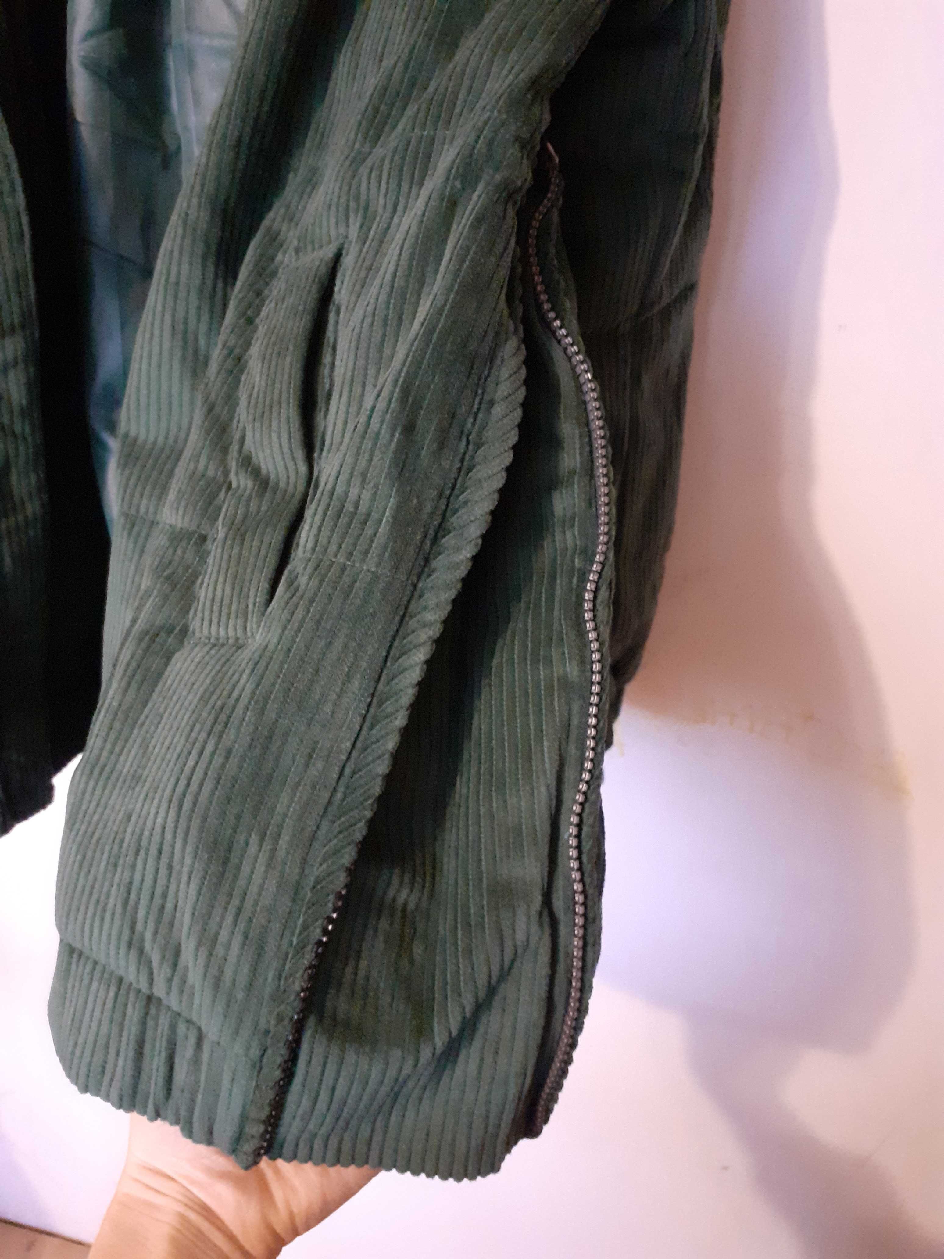 Nowa kurtka ciążowa z panelem na nosidełko sztruksowa zielona 40 L