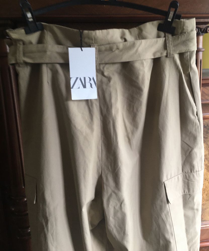 ZARA Spodnie cargo bojówki z paskiem kamelowe XL