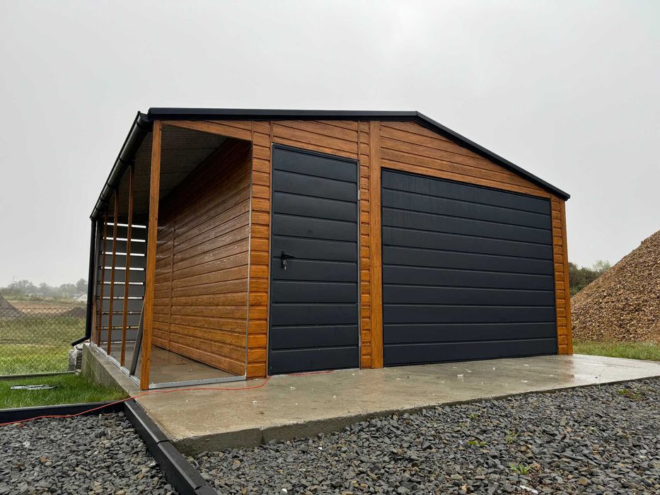 Garaż blaszany dwuspadowy 6x5.8m, złoty dąb + grafit, automat do bramy