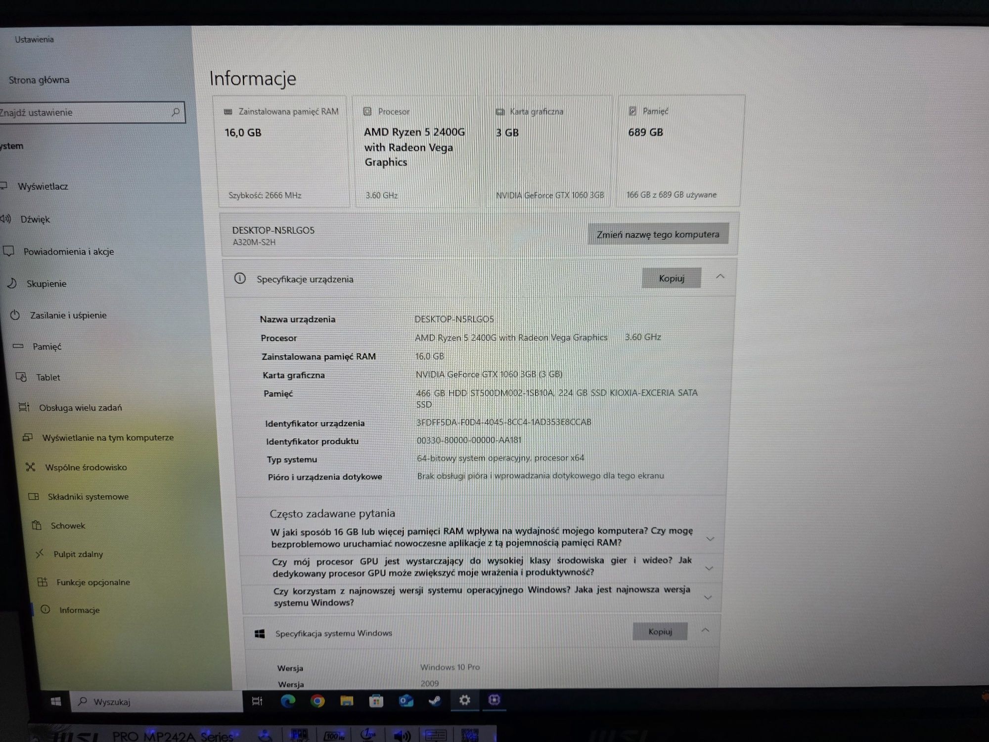 Komputer z nowym monitorem z głosnikami. Ryzen 5, GTX, 16gb ram, ssd +