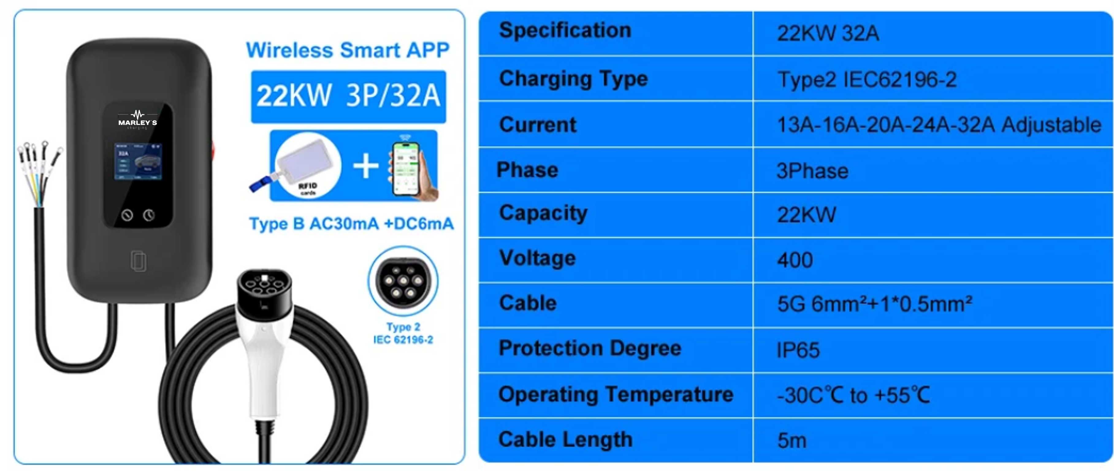 Wallbox Carregador Parede - 22 kw - 32 A - C/ WI-FI e Cartão RFID