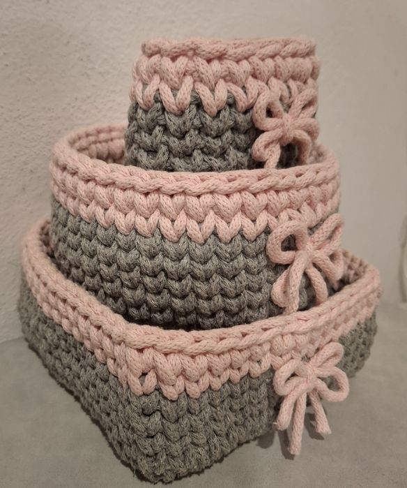 Koszyk na szydełku komplet kosz sznurek bawełniany handmade rękodzieło