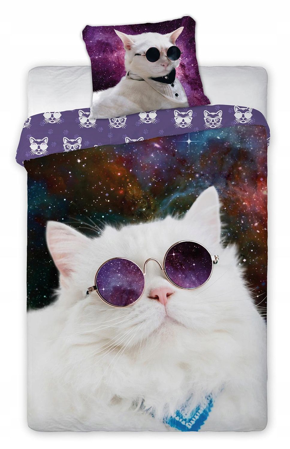 Pościel 140x200 kot w okularach fioletowa biała