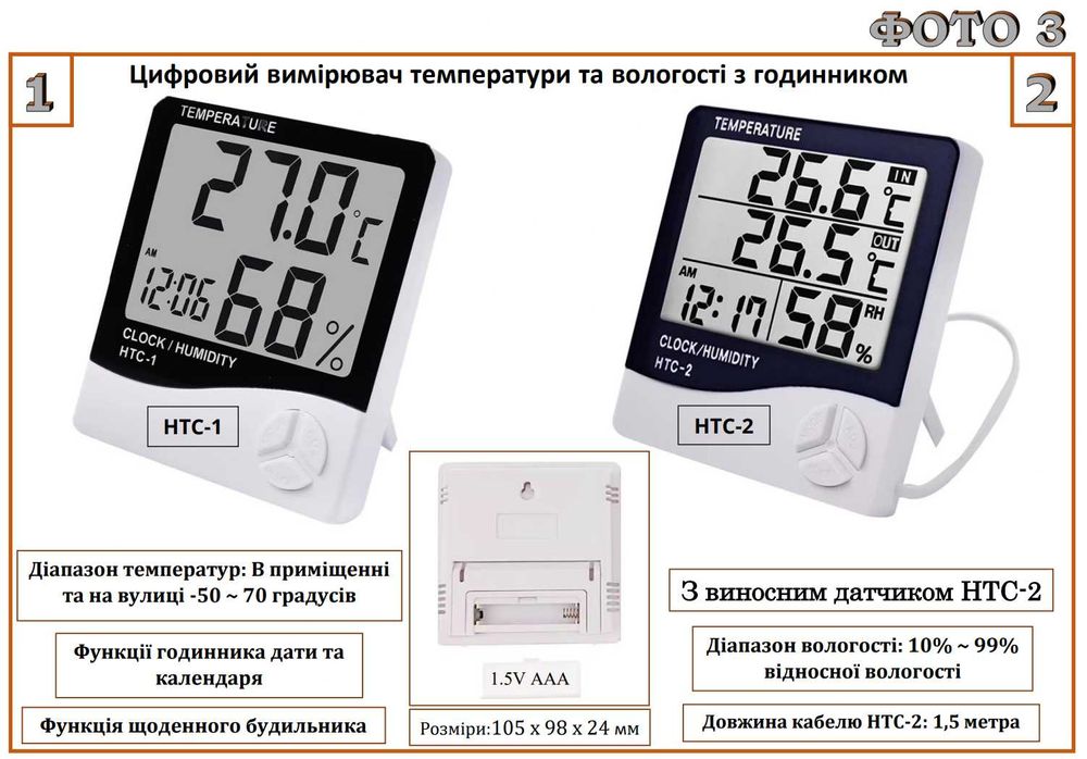 Цифровий термометр-гігрометр (HTC-1 HTC-2)
