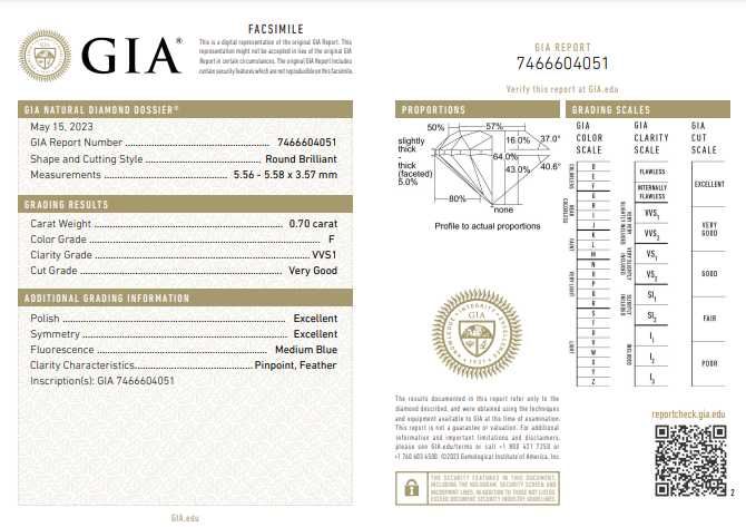 Diament Brylant GIA 0.7 ct F / VVS1