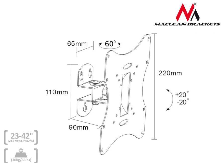 Uchwyt telewizora TV wieszak do LED 23-42 obrotowy Maclean MC-501A S