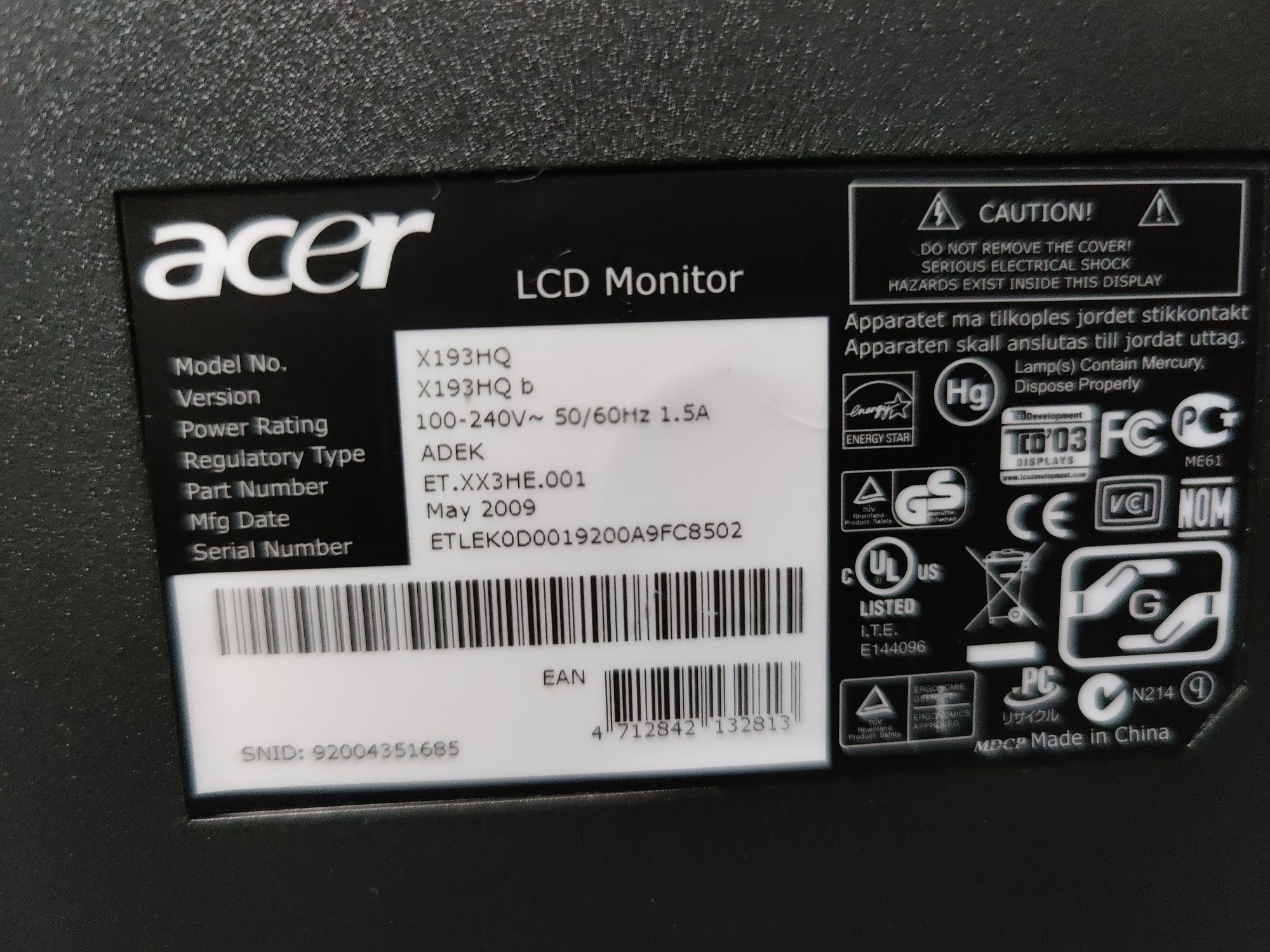 Монитор Acer x193hq 19" дюймов