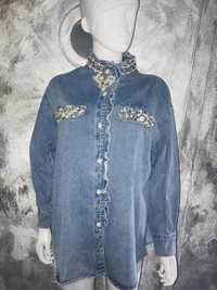 Piękna koszula dżinsowa zdobiona cyrkoniami i perełkami na s i m
