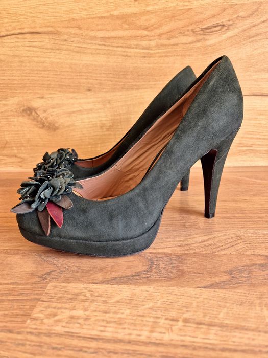 5TH AVENUE 38 eleganckie ciemnozielone czółenka na platformie skóra 38