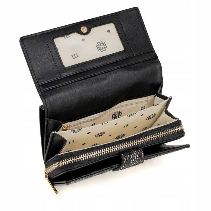 MONNARI Portfel Damski Elegancki Skóra Węża Eko Czarny Złoty Prezent