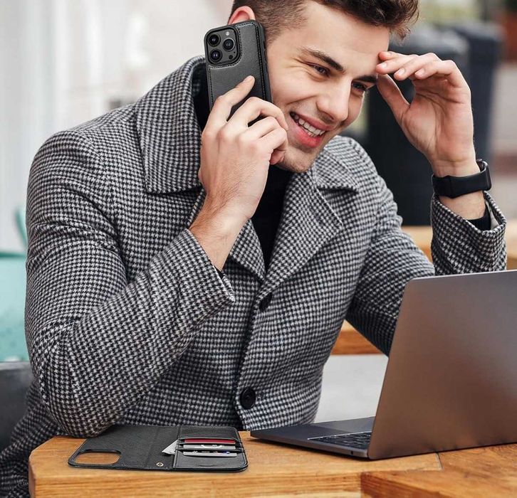 Ocase etui skórzane iPhone 15 Pro Max czarne magsafe portfel 2w1