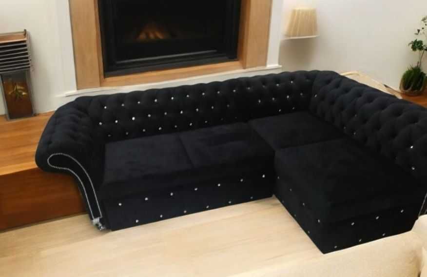 Narożnik czarny velur chesterfield 260x160 od ręki .rozkladany