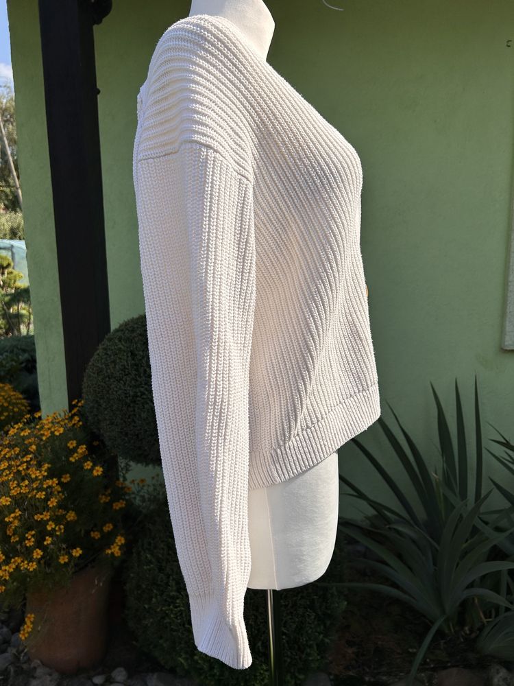 Damski biały oversize sweter kardigan z guzikami prążkowany H&M (S)