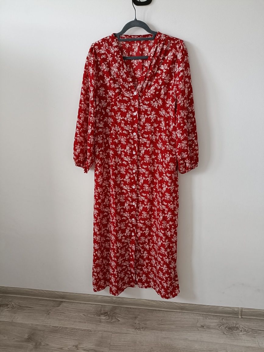 Długa czerwona sukienka w białe kwiaty XL plus size
