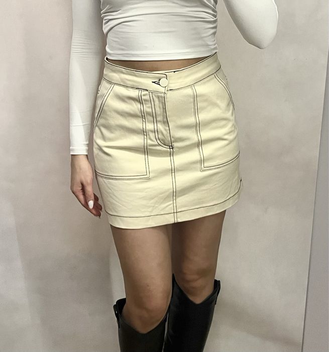 Kremowa krótka jeansowa spódniczka mini Zara XS 34 wysoki stan
