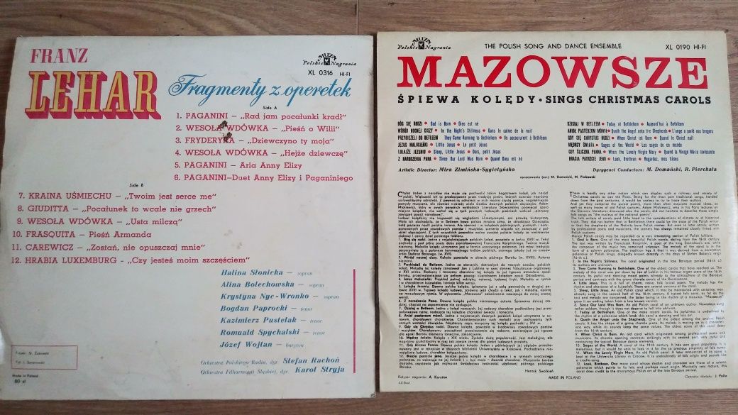 Płyty gramofonowe Mazowsze śpiewa kolędy Lehar Fragmenty z operetek XL