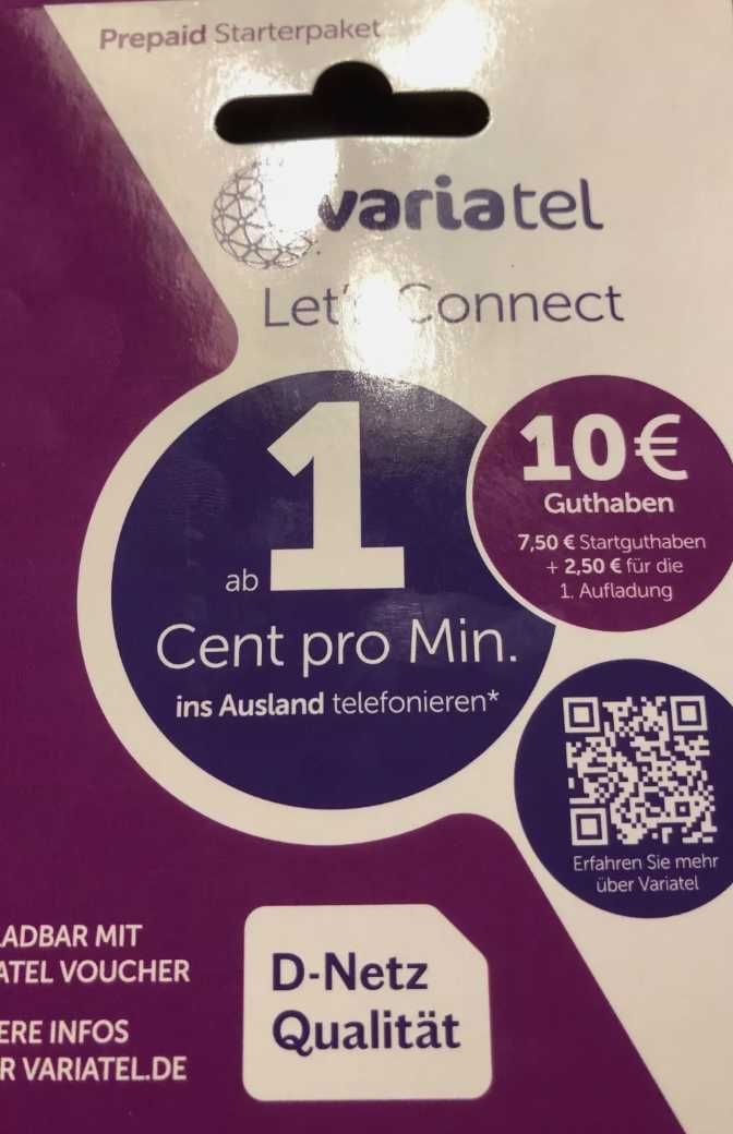 VARIAtel DE +49 Starter Niemcy SIM Card Prepaid Active