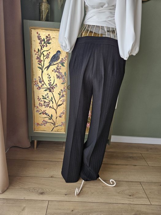 Eleganckie Spodnie damskie Czarne w Biały Prążek Proste Szerokie Nogaw