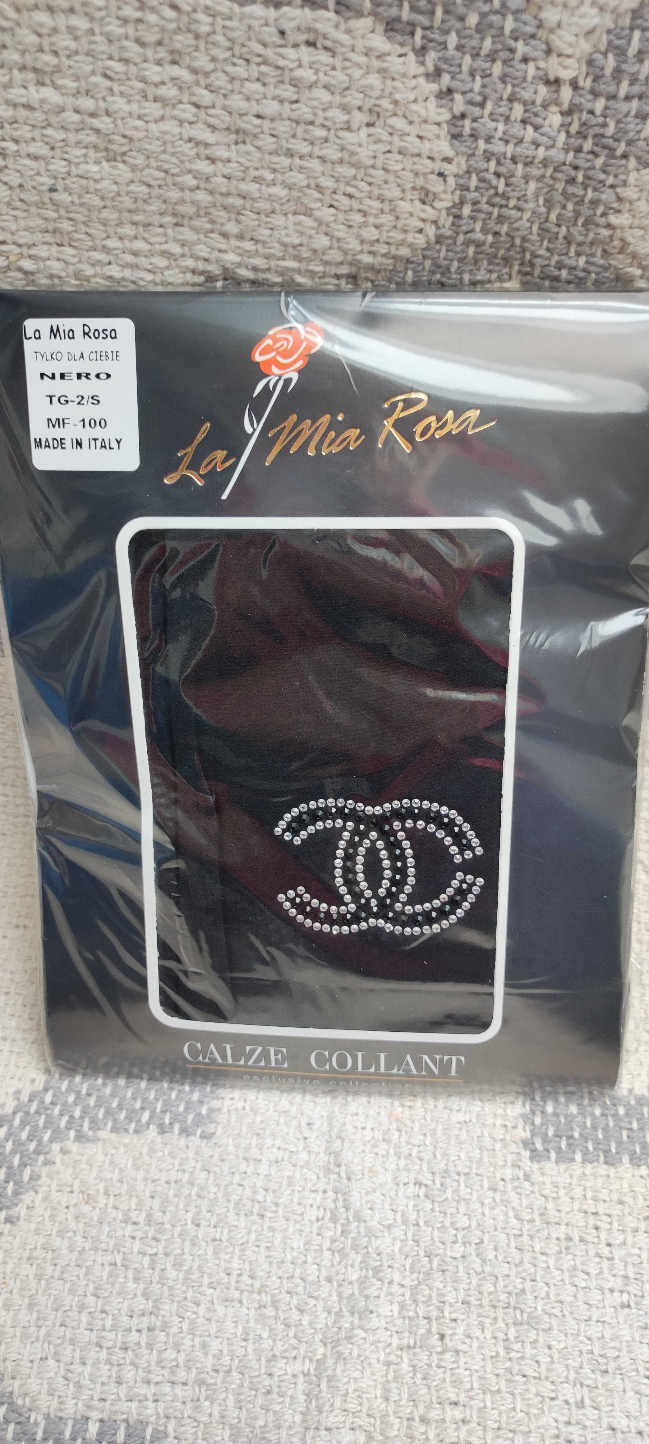Czarne rajstopy z aplikacją 100 DEN włoska produkcja La Mia Rosa