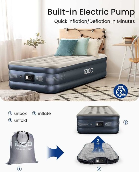 Materac Dmuchany Dwuosobowy Idoo 203x152x38 cm Samopompujący z pompką