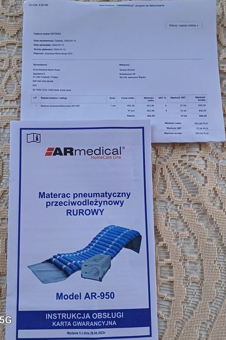 Nowy materac przeciwodleżynowy rurowy Ar"Medical".