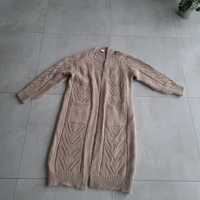 Długi sweter kardigan Zara wełna wool beżowy