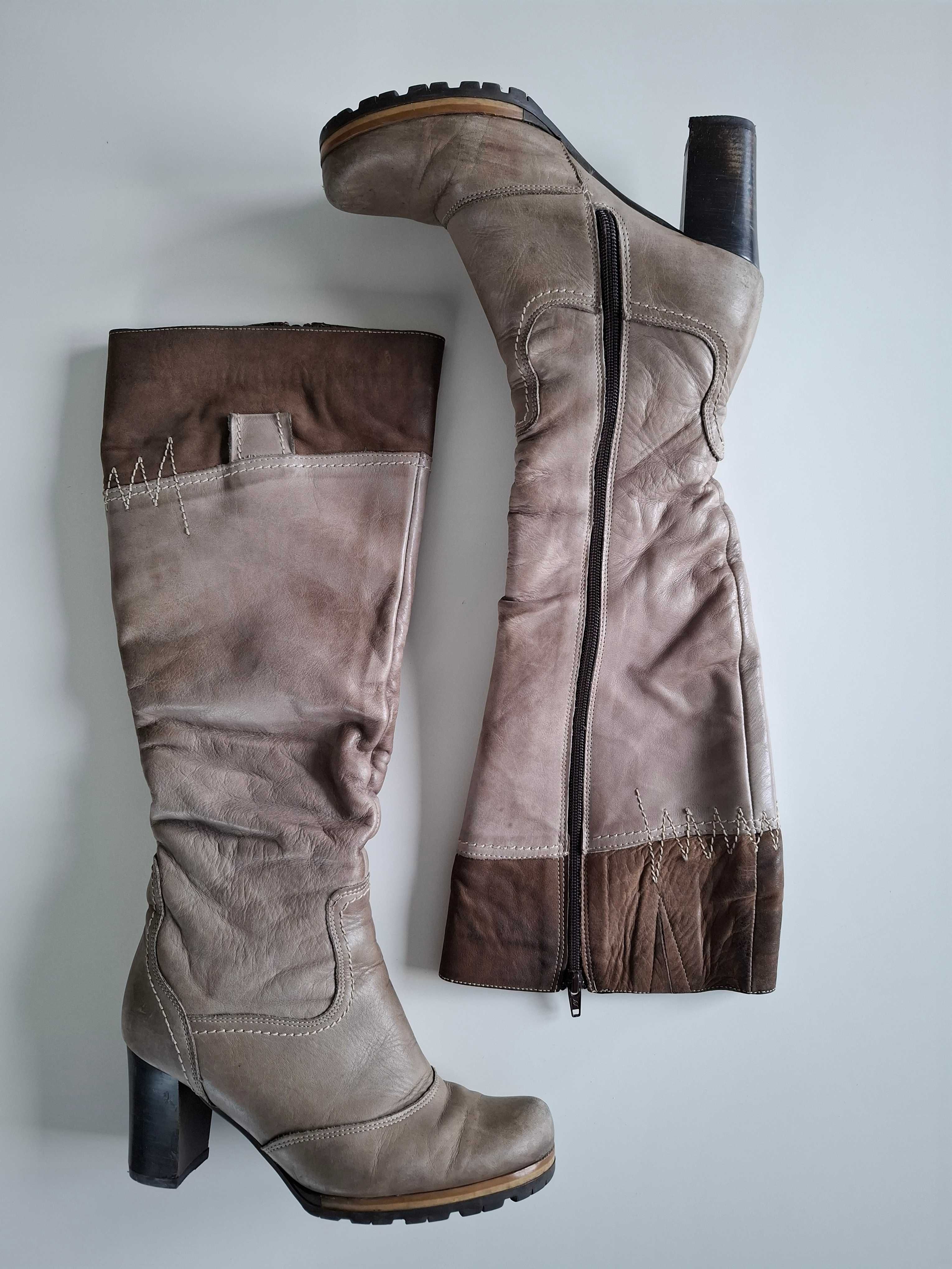 Damskie kozaki, wysokie botki, buty ze skóry 36