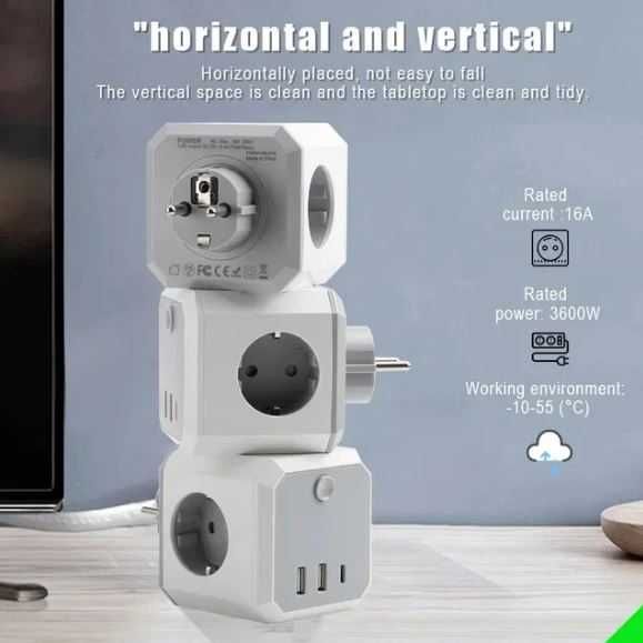 Uchwyt z USB gniazdo 6 w 1 bez kabla (3680 W/16 A) z przełącznikiem