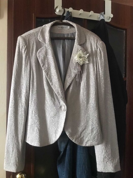 Костюм-двійка жіночий сріблястий святковий (сукня та піджак)