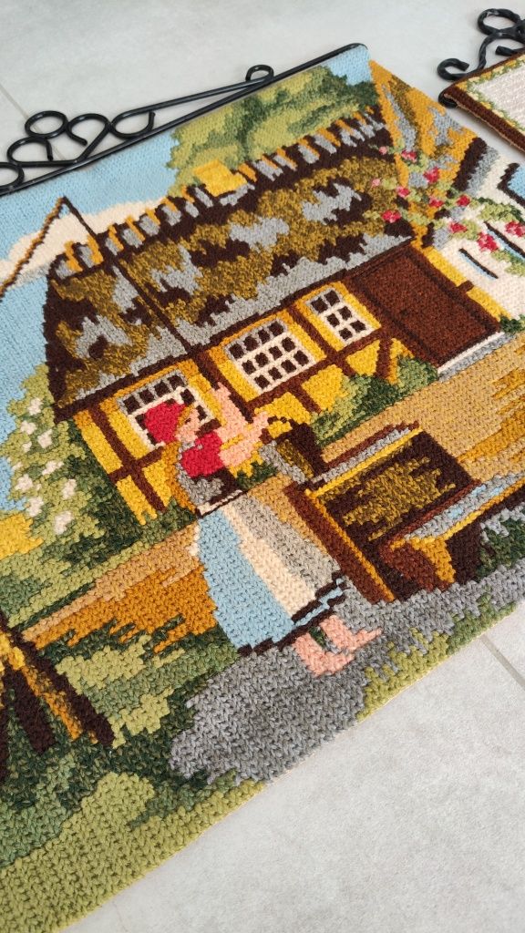 Vintage makatka gobelin wełna zestaw 2 Sztuki wiejski klimat