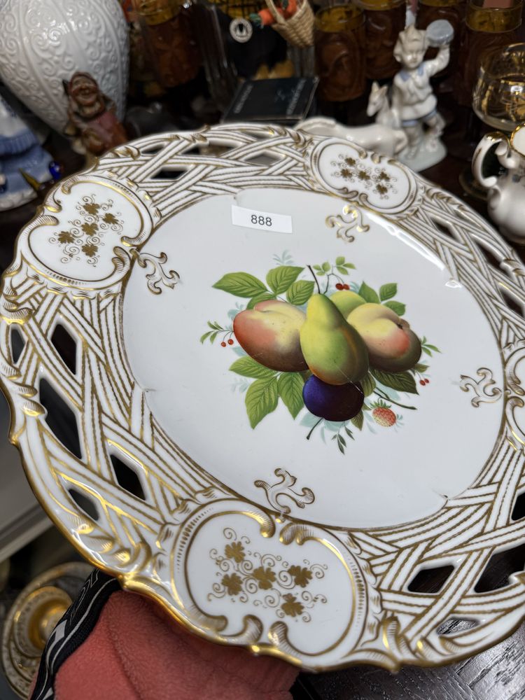 Ciężka patera talerz stara antyk złote malowanie owoce vintage 888