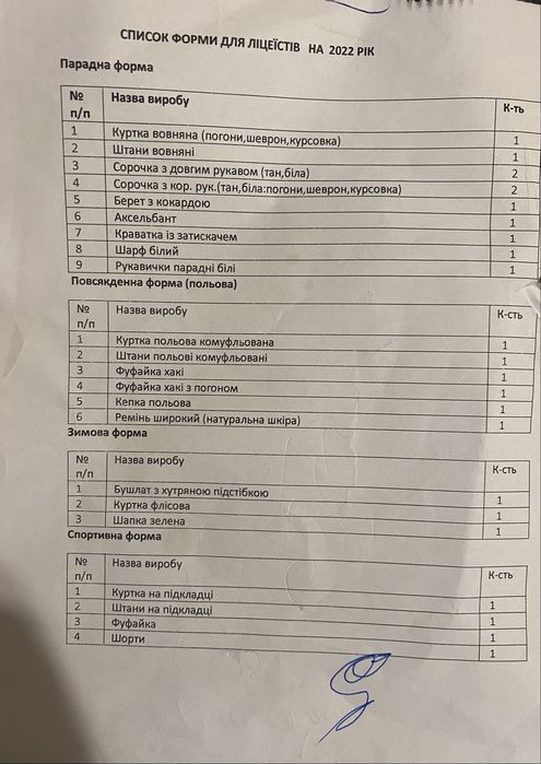 Форма для лицеиста военного лицея