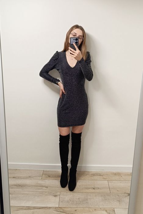 Sukienka damska mini szara brokatowa sylwestrowa Reserved S