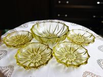 Zestaw cytrynowych misek, Stólzle Hermanowa, Art Deco, stare szkło