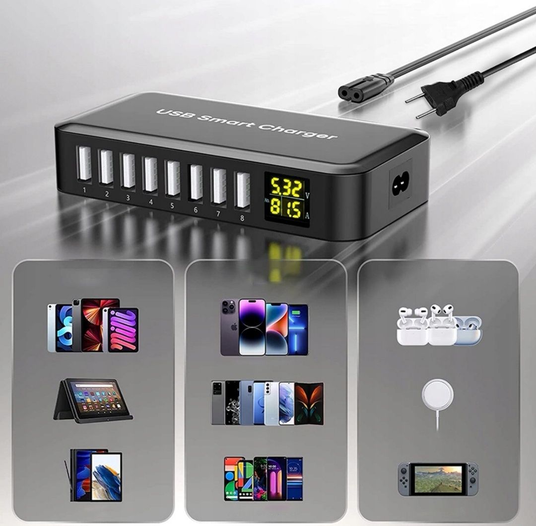 Szybka Ładowark sieciowa 8xUSB portów zasilacz 40W