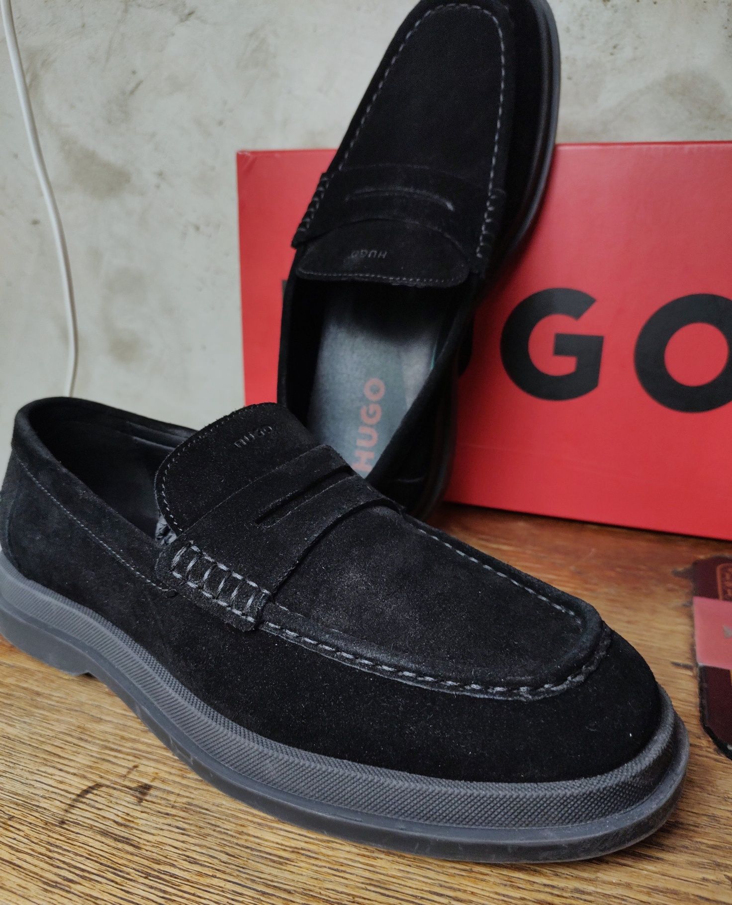 HUGO__buty / mokasyny (43 / 27,5cm) męskie loafers czarne  wesele lato