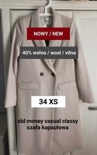 xs 34 oversize beżowy płaszcz 40% wełna casual classy old money