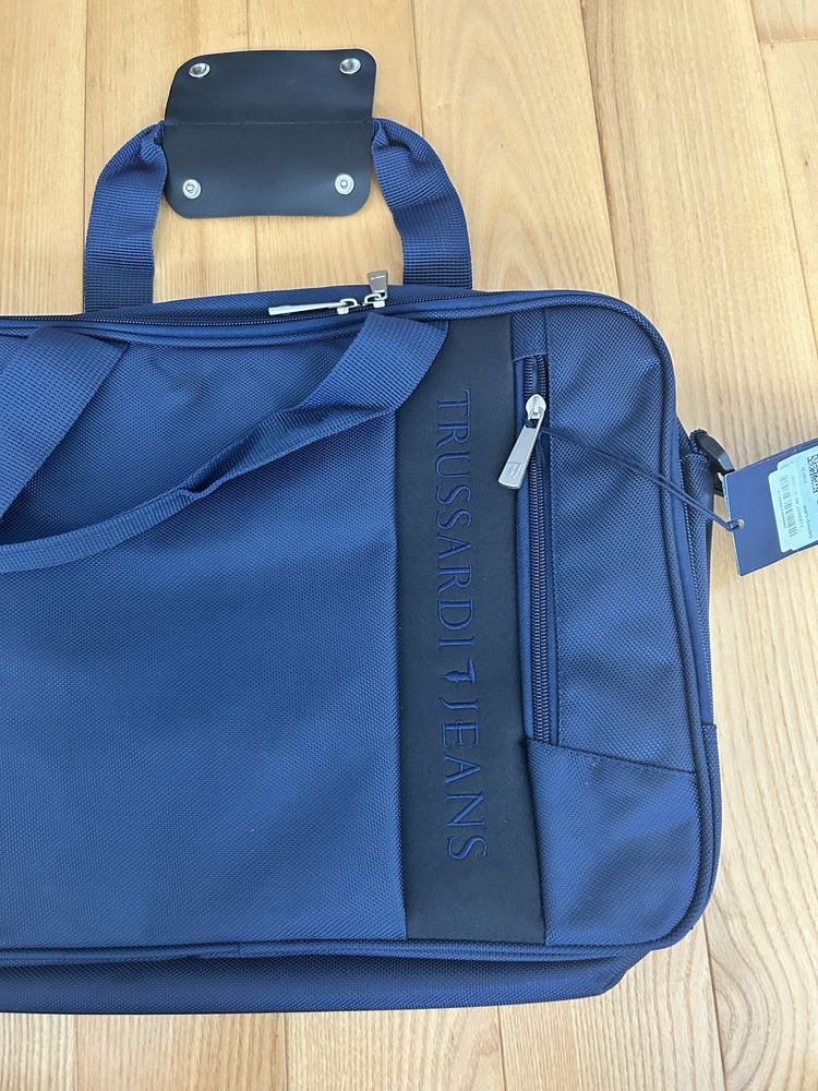 TRUSSARDI JEANS Nowa Torba na laptopa męska, materiał, ciemny granat.