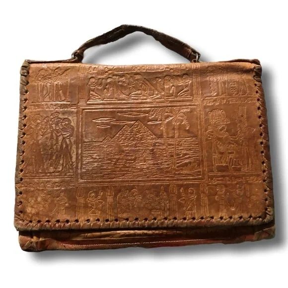 Tourist bag ZARIFFA Amun embossed 100% leather tooled antique 1920's E