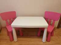 IKEA MAMMUT stolik biały krzesełka różowe